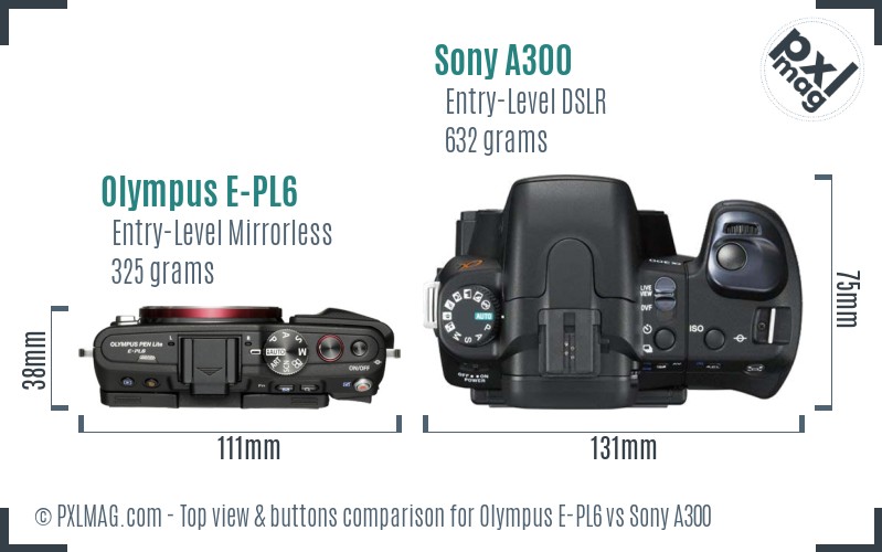 Olympus E-PL6 vs Sony A300 top view buttons comparison