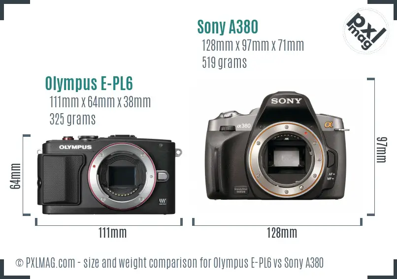 Olympus E-PL6 vs Sony A380 size comparison