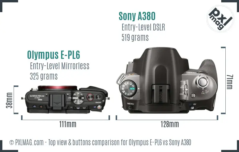 Olympus E-PL6 vs Sony A380 top view buttons comparison