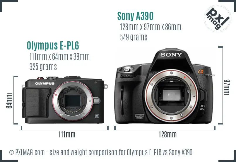 Olympus E-PL6 vs Sony A390 size comparison