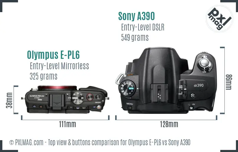Olympus E-PL6 vs Sony A390 top view buttons comparison