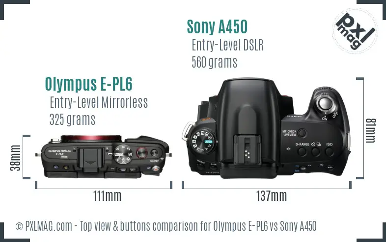 Olympus E-PL6 vs Sony A450 top view buttons comparison