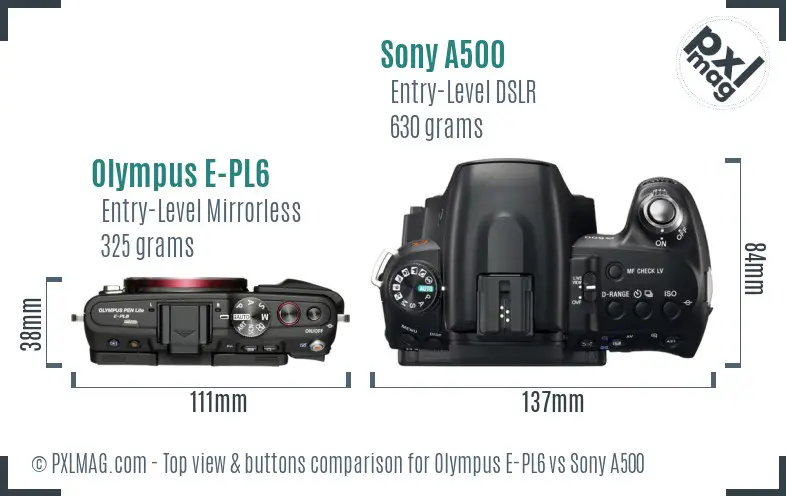 Olympus E-PL6 vs Sony A500 top view buttons comparison