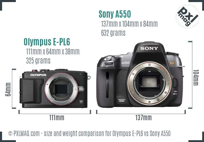 Olympus E-PL6 vs Sony A550 size comparison Olympus E-PL6 vs Sony A550 size comparison