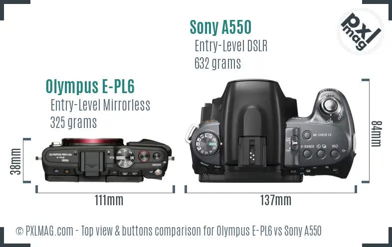 Olympus E-PL6 vs Sony A550 top view buttons comparison Olympus E-PL6 vs Sony A550 top view buttons comparison