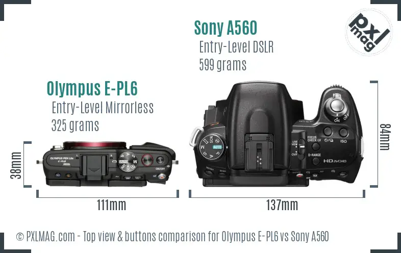 Olympus E-PL6 vs Sony A560 top view buttons comparison Olympus E-PL6 vs Sony A560 top view buttons comparison