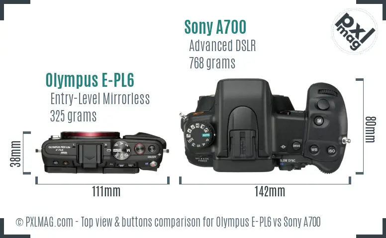 Olympus E-PL6 vs Sony A700 top view buttons comparison