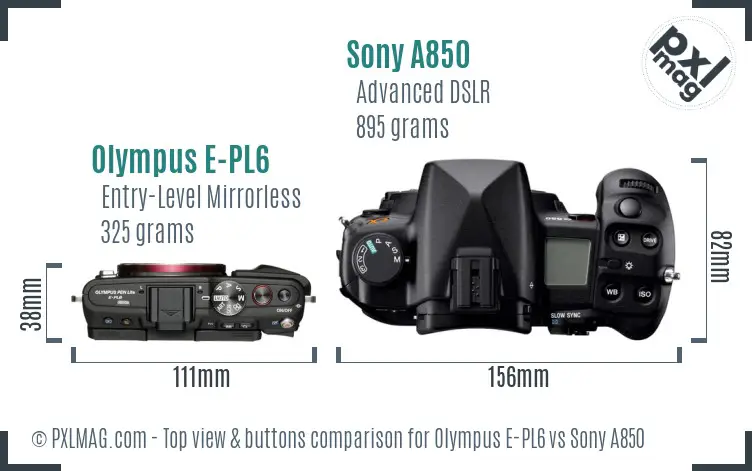 Olympus E-PL6 vs Sony A850 top view buttons comparison
