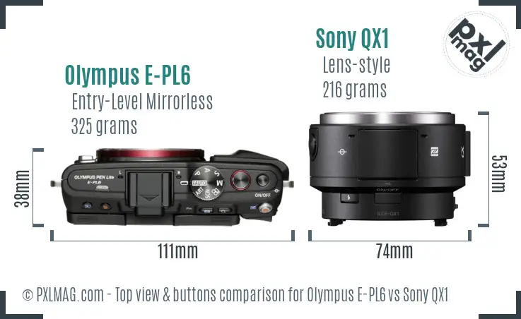 Olympus E-PL6 vs Sony QX1 top view buttons comparison