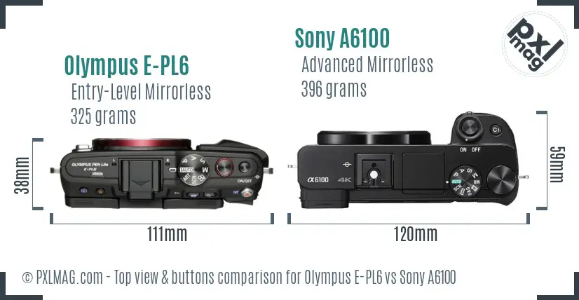 Olympus E-PL6 vs Sony A6100 top view buttons comparison