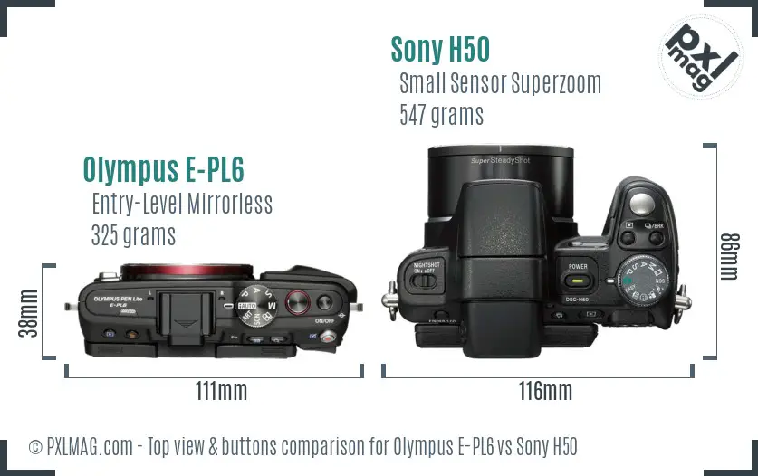 Olympus E-PL6 vs Sony H50 top view buttons comparison