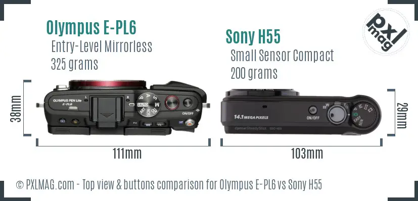 Olympus E-PL6 vs Sony H55 top view buttons comparison