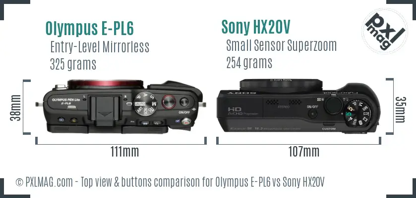 Olympus E-PL6 vs Sony HX20V top view buttons comparison