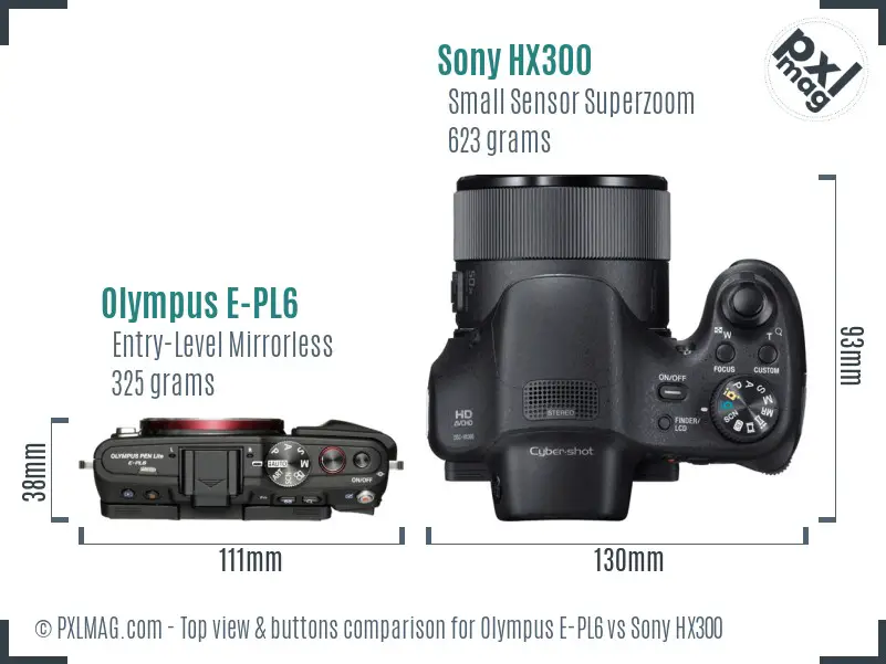 Olympus E-PL6 vs Sony HX300 top view buttons comparison