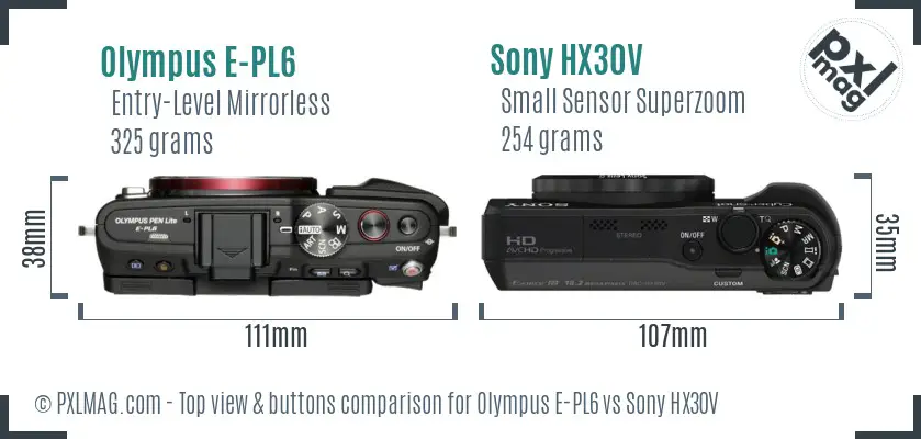 Olympus E-PL6 vs Sony HX30V top view buttons comparison