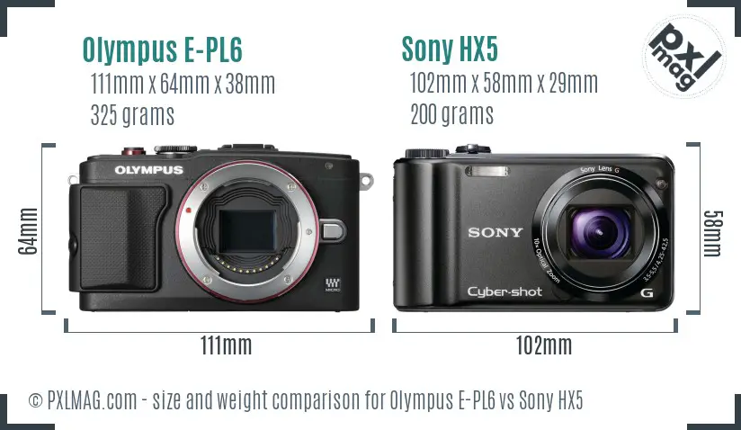 Olympus E-PL6 vs Sony HX5 size comparison