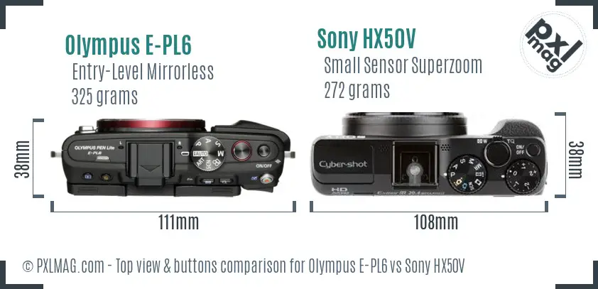 Olympus E-PL6 vs Sony HX50V top view buttons comparison