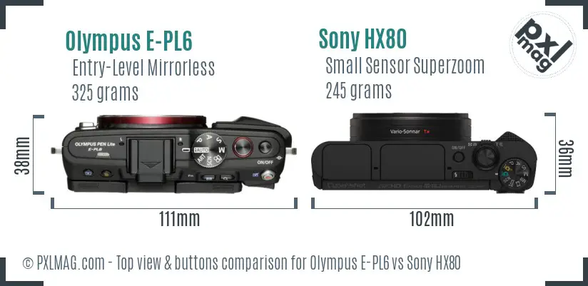 Olympus E-PL6 vs Sony HX80 top view buttons comparison