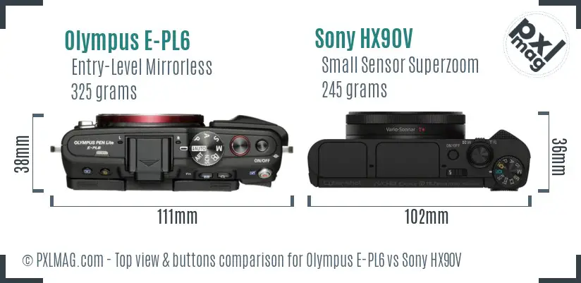 Olympus E-PL6 vs Sony HX90V top view buttons comparison