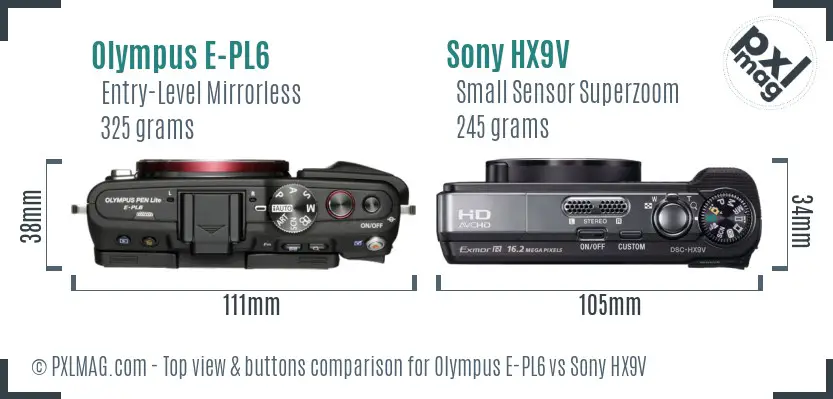 Olympus E-PL6 vs Sony HX9V top view buttons comparison