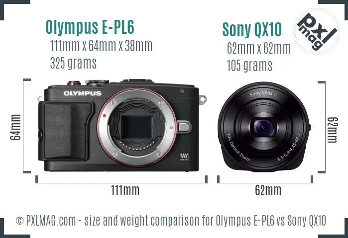 Olympus E-PL6 vs Sony QX10 size comparison
