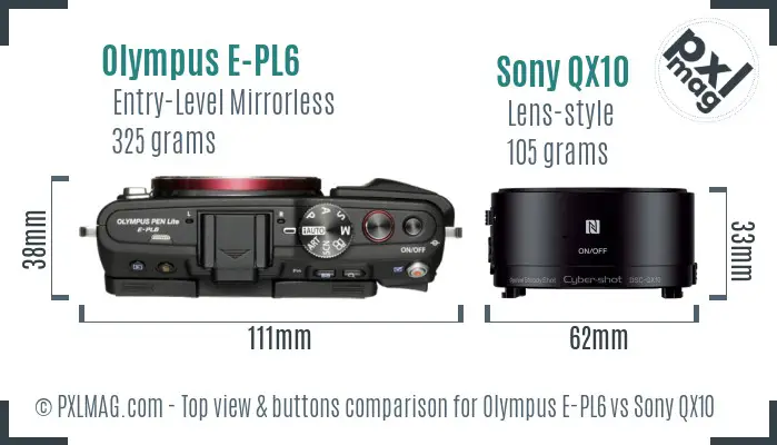 Olympus E-PL6 vs Sony QX10 top view buttons comparison