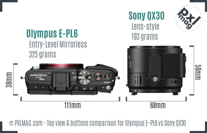 Olympus E-PL6 vs Sony QX30 top view buttons comparison