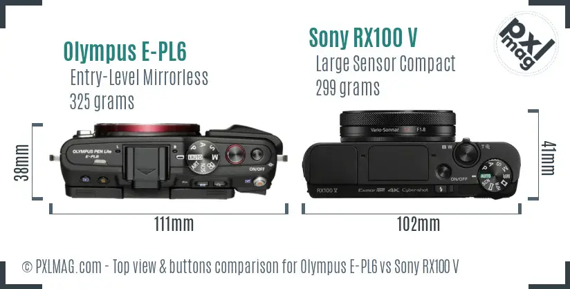 Olympus E-PL6 vs Sony RX100 V top view buttons comparison