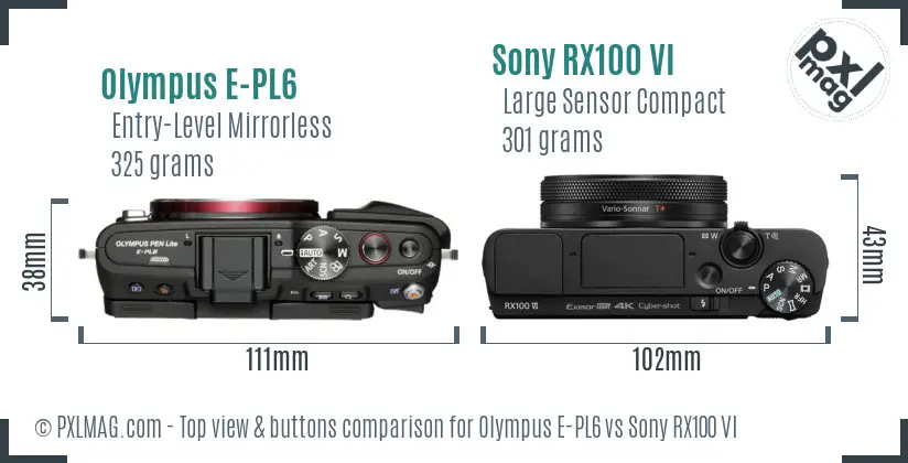 Olympus E-PL6 vs Sony RX100 VI top view buttons comparison Olympus E-PL6 vs Sony RX100 VI top view buttons comparison