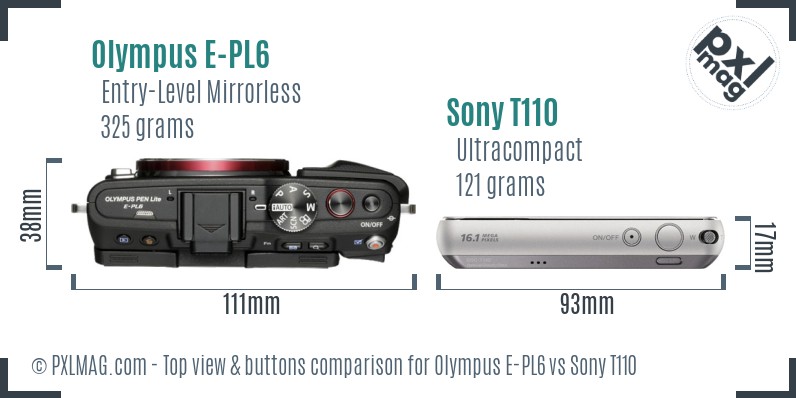 Olympus E-PL6 vs Sony T110 top view buttons comparison