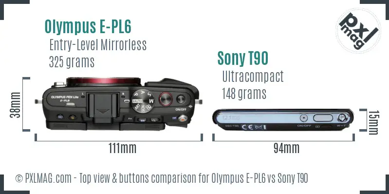 Olympus E-PL6 vs Sony T90 top view buttons comparison