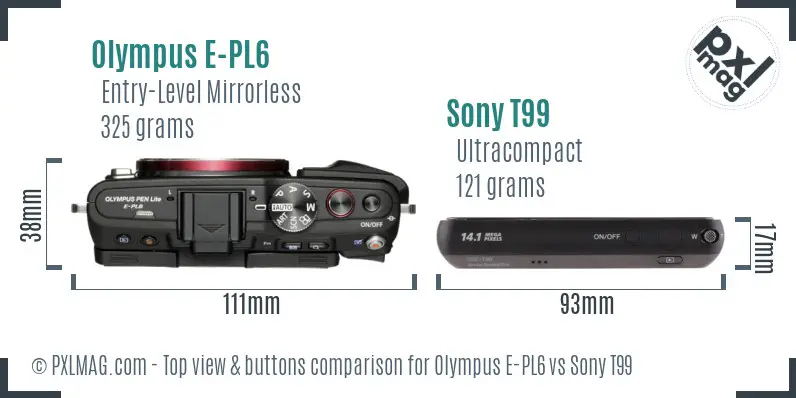 Olympus E-PL6 vs Sony T99 top view buttons comparison