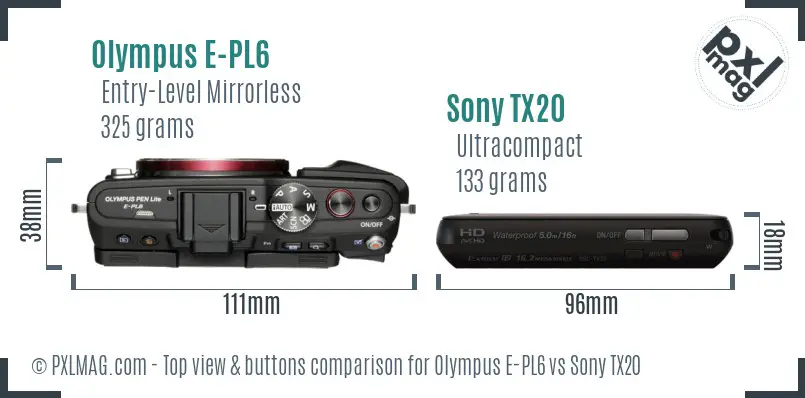 Olympus E-PL6 vs Sony TX20 top view buttons comparison