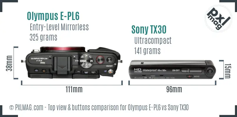 Olympus E-PL6 vs Sony TX30 top view buttons comparison