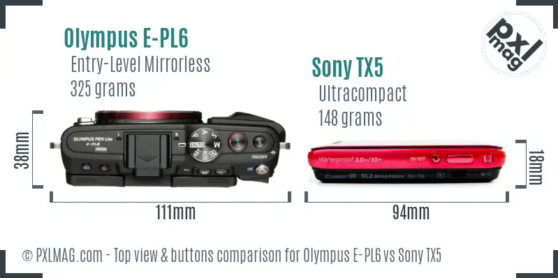 Olympus E-PL6 vs Sony TX5 top view buttons comparison