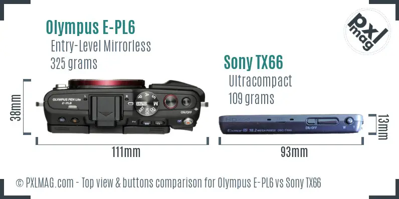 Olympus E-PL6 vs Sony TX66 top view buttons comparison