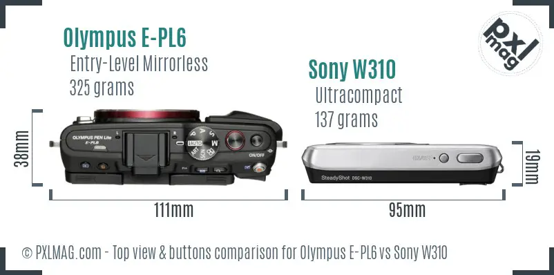Olympus E-PL6 vs Sony W310 top view buttons comparison Olympus E-PL6 vs Sony W310 top view buttons comparison