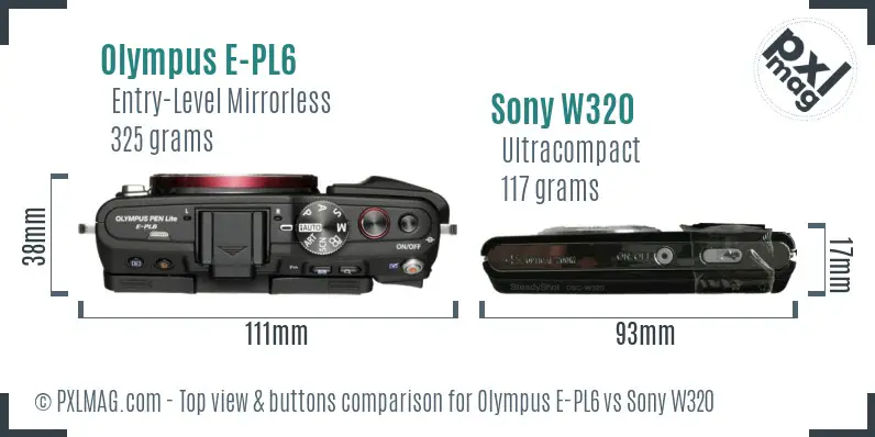 Olympus E-PL6 vs Sony W320 top view buttons comparison