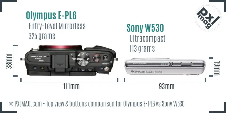 Olympus E-PL6 vs Sony W530 top view buttons comparison Olympus E-PL6 vs Sony W530 top view buttons comparison