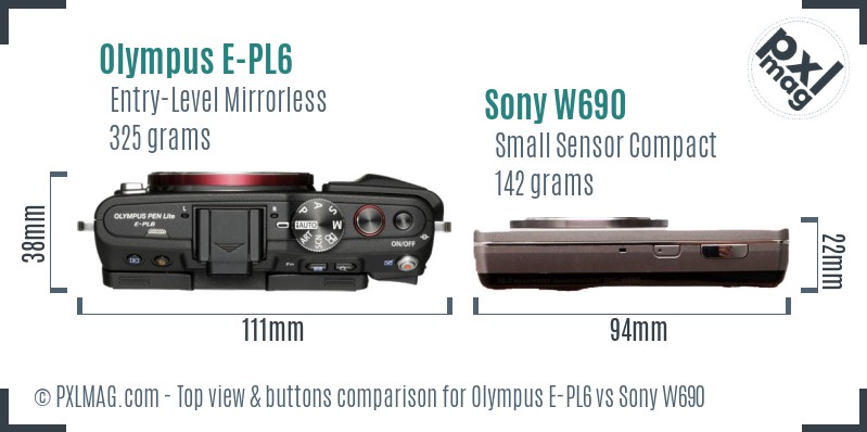 Olympus E-PL6 vs Sony W690 top view buttons comparison