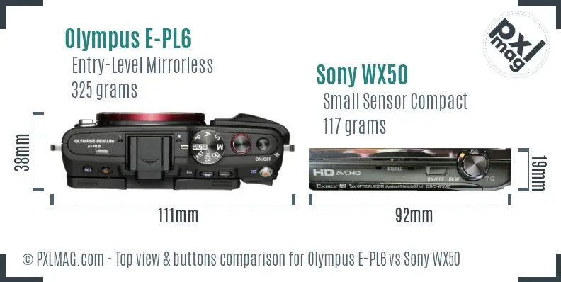 Olympus E-PL6 vs Sony WX50 top view buttons comparison