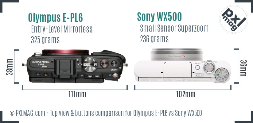 Olympus E-PL6 vs Sony WX500 top view buttons comparison