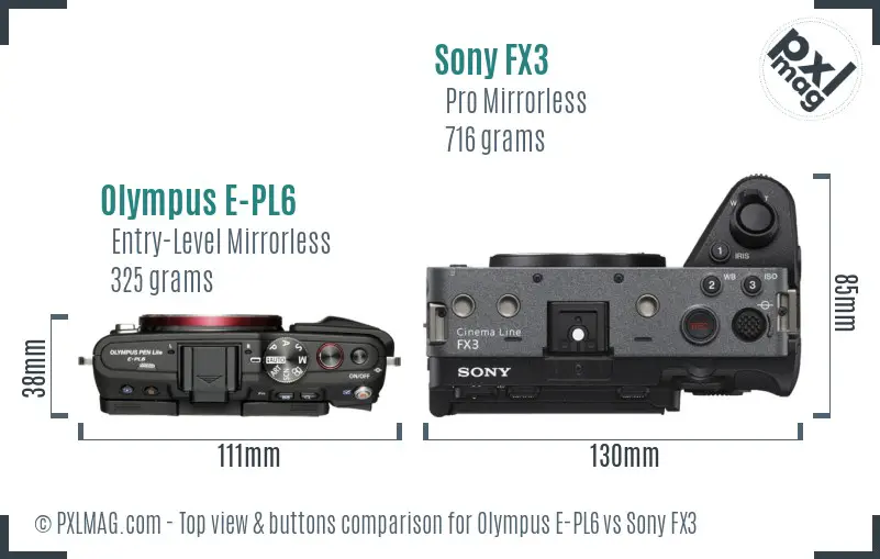 Olympus E-PL6 vs Sony FX3 top view buttons comparison