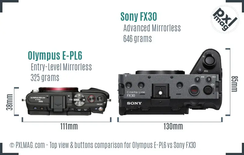 Olympus E-PL6 vs Sony FX30 top view buttons comparison