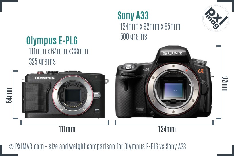 Olympus E-PL6 vs Sony A33 size comparison