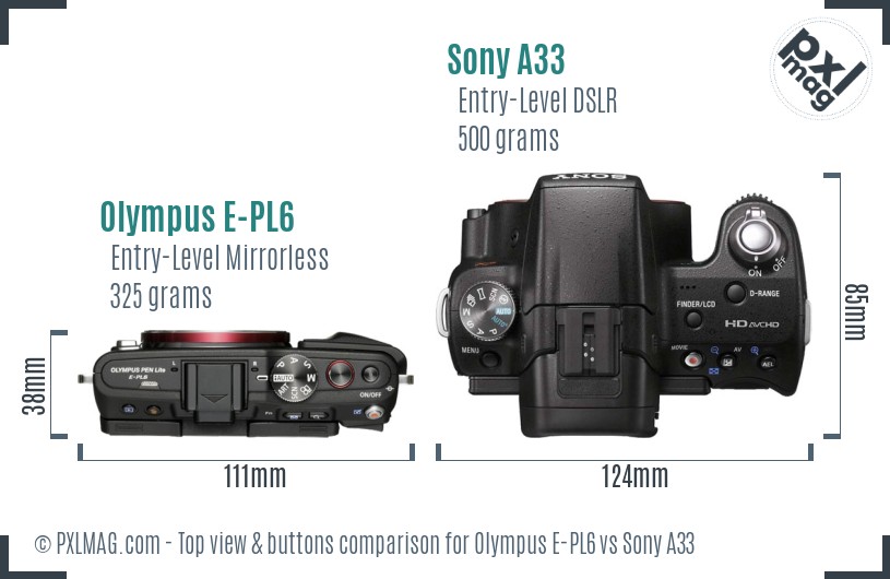 Olympus E-PL6 vs Sony A33 top view buttons comparison