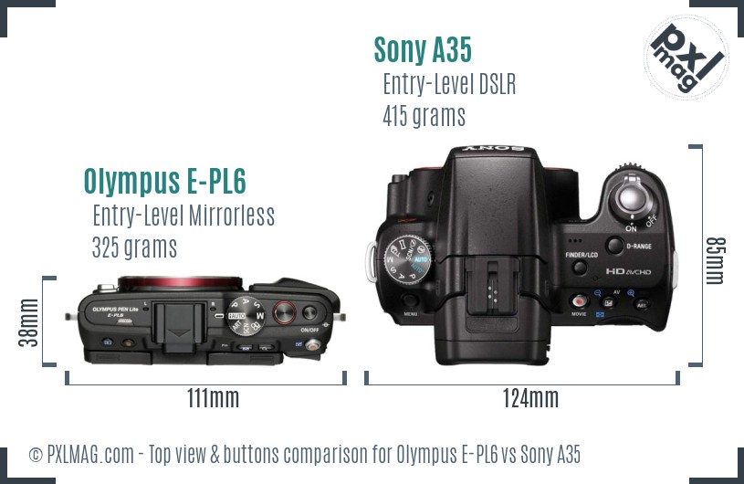 Olympus E-PL6 vs Sony A35 top view buttons comparison