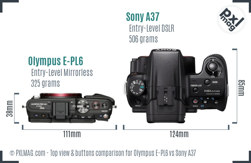 Olympus E-PL6 vs Sony A37 top view buttons comparison