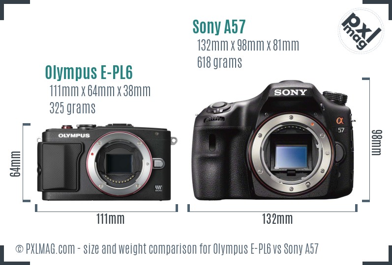 Olympus E-PL6 vs Sony A57 size comparison
