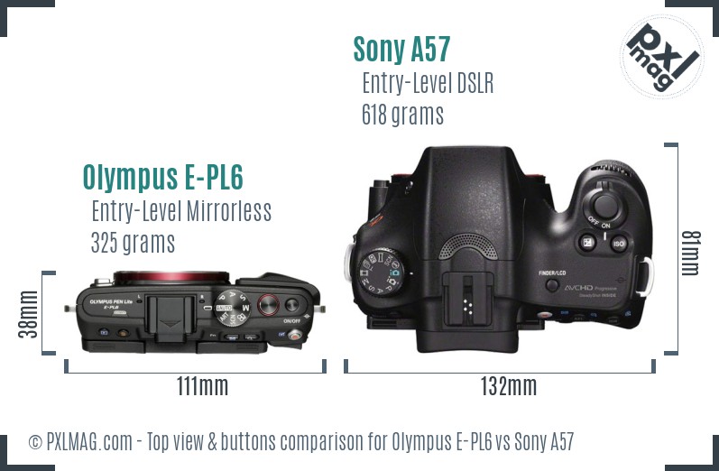 Olympus E-PL6 vs Sony A57 top view buttons comparison